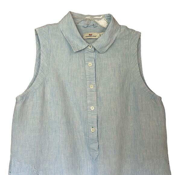 Vineyard Vines Tiny Breeze Linen Shirt Dress 8 Blue White Striped Pockets - Picture 2 of 9